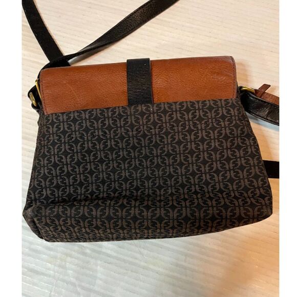 EUC Fossil Brown/Black Canvas and Leather Small Crossbody Handbag Purse w/Key - Picture 7 of 8